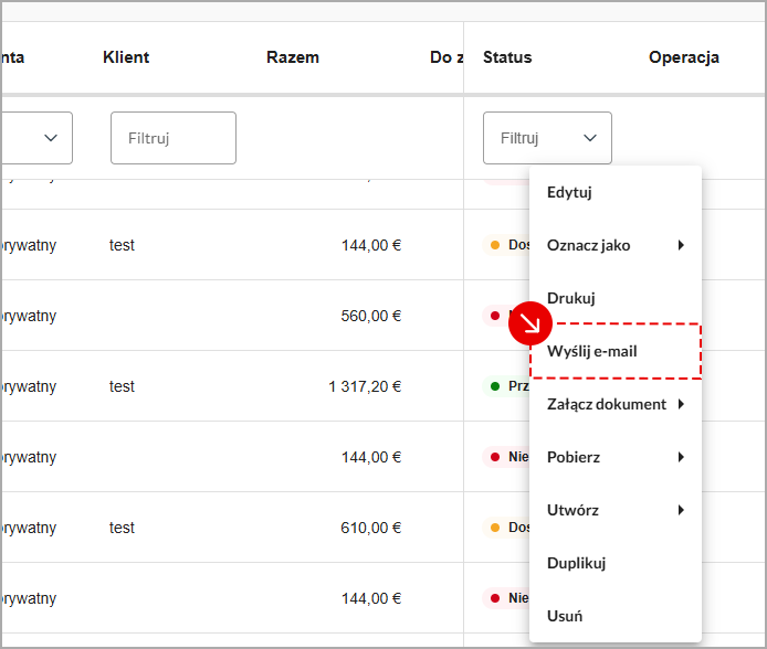 Ekran z tabelą wystawionych faktur